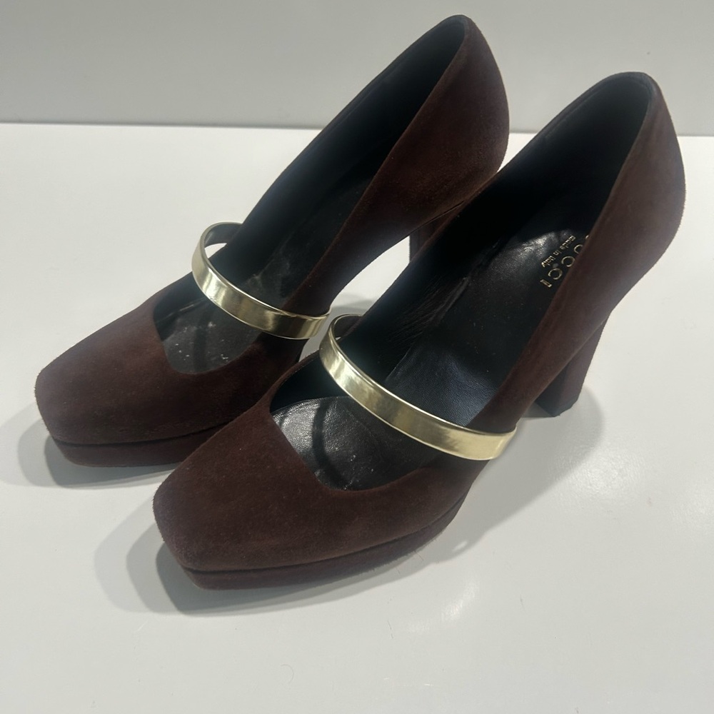 Gucci Chocolate Suede Heels with Metallic Gold Band